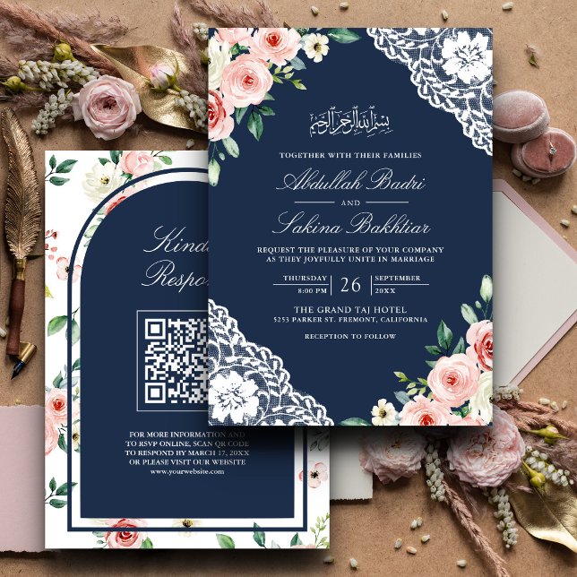 Invitación Boda musulmán del código QR de encaje azul de la m (Subido por el creador)