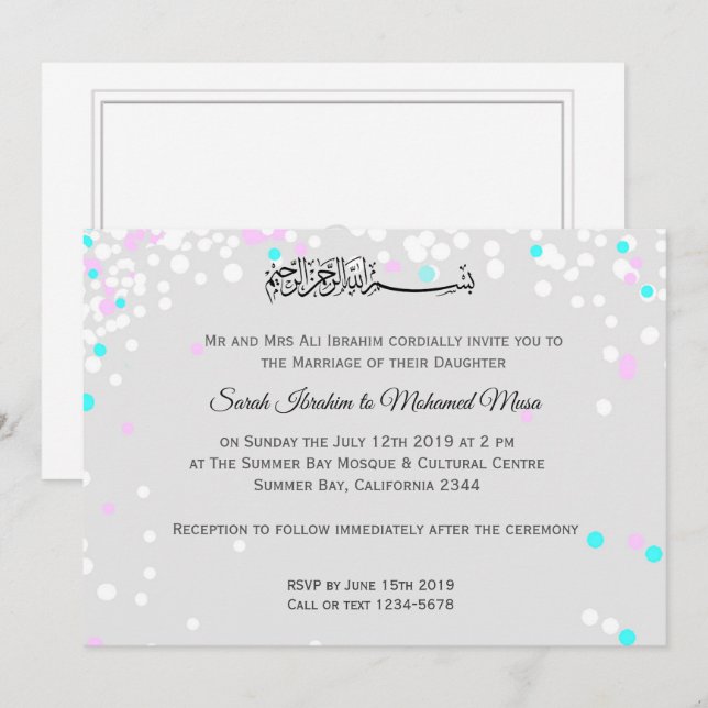 Invitación Boda musulmán del confeti blanco (Anverso / Reverso)