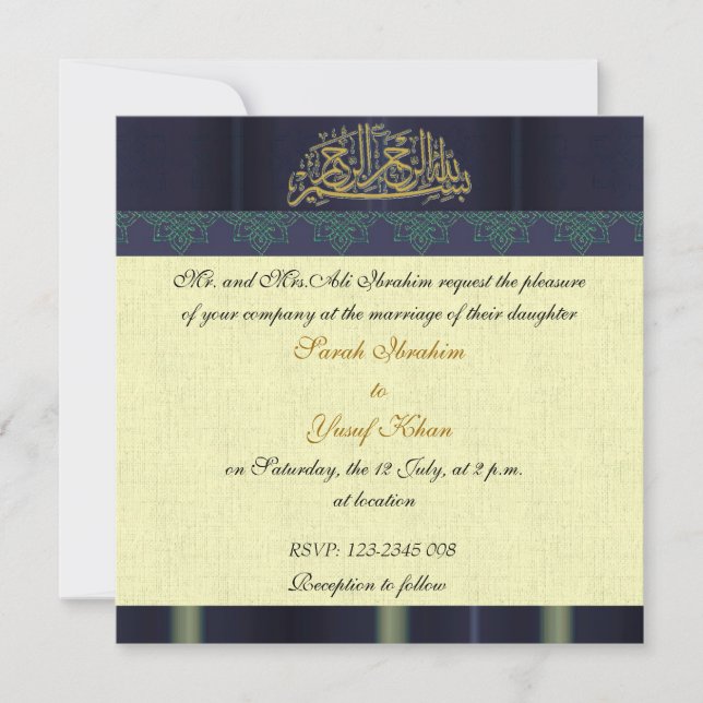 Invitación Boda musulmán del damasco azul (Anverso)