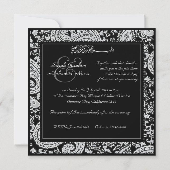 Invitación Boda musulmán del damasco indio blanco y negro (Anverso)