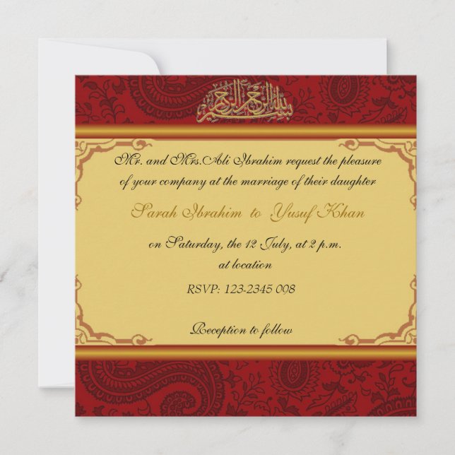 Invitación Boda musulmán del damasco rojo (Anverso)