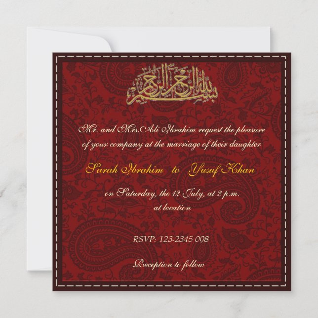 Invitación Boda musulmán del damasco rojo (Anverso)