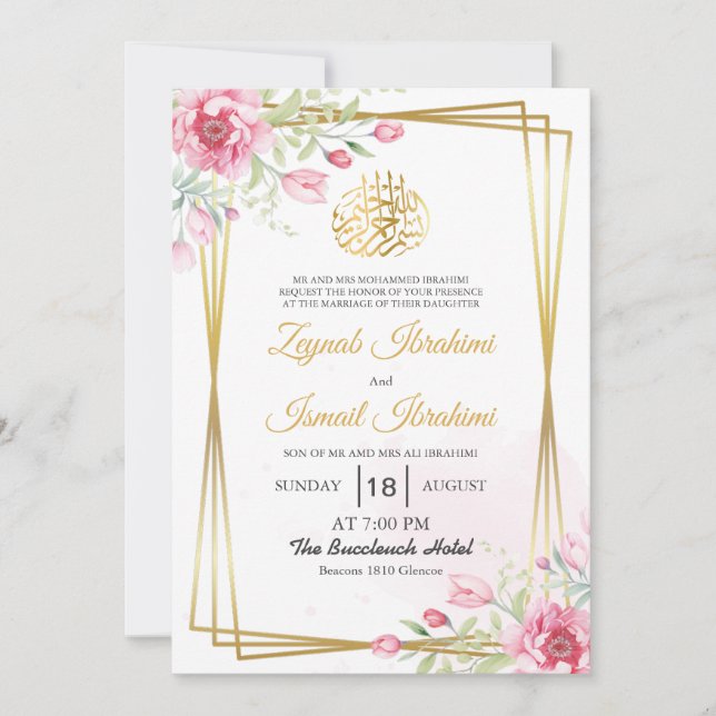 Invitación Boda musulmán floral de marco dorado moderno (Anverso)