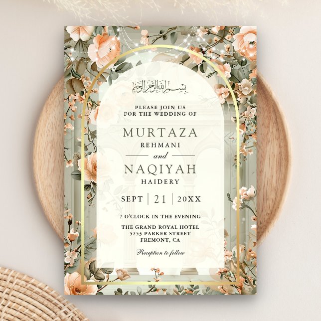 Invitación Boda musulmán floral rustica de la pagina verde sa (Front)