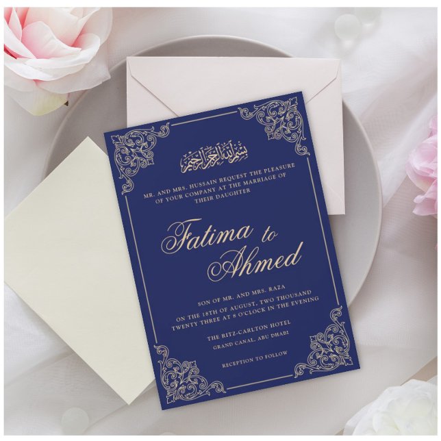 Invitación Boda Musulmán Islámico Azul de la Marina Ornate (Subido por el creador)