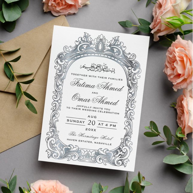 Invitación Boda musulmán islámico blanco y plateado clásico (Subido por el creador)