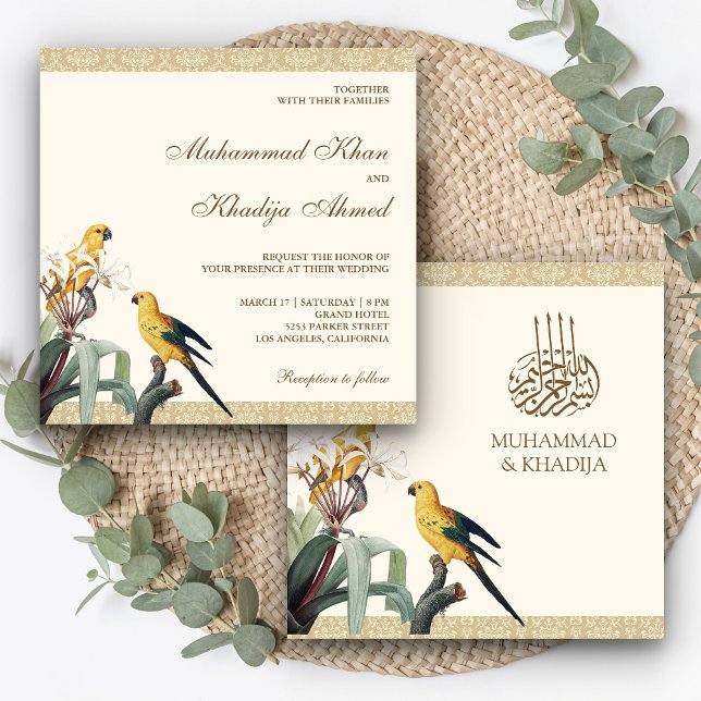 Invitación Boda musulmán islámico con loros amarillos muy fin (Subido por el creador)