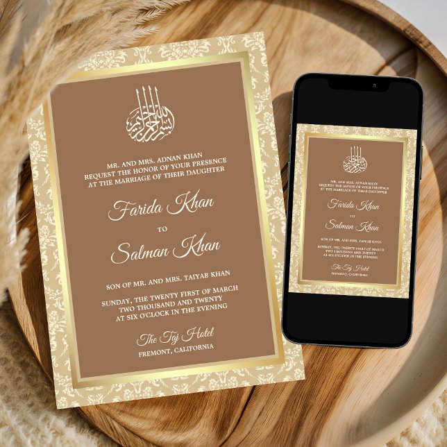 Invitación Boda musulmán islámico de Beige Cream Damask (Subido por el creador)