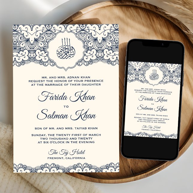 Invitación Boda musulmán islámico de encaje azul de la armada (Subido por el creador)