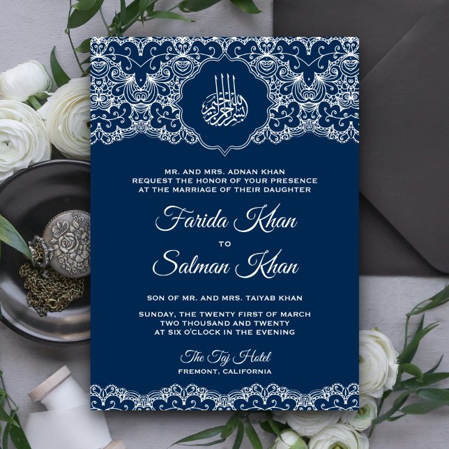 Invitación Boda musulmán islámico de encaje blanco y azul de  (Subido por el creador)