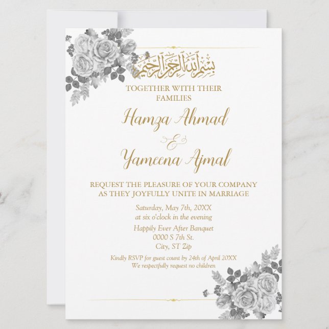 Invitación Boda Musulmán Islámico De Gris Y Oro Neutros (Anverso)