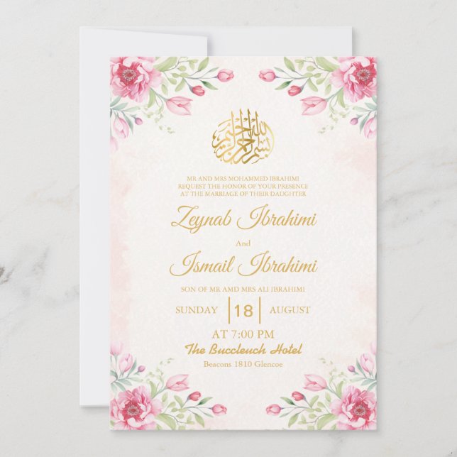 Invitación Boda musulmán islámico de oro con flores rosadas d (Anverso)
