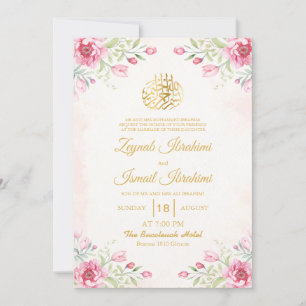 Invitación Boda musulmán islámico de oro con flores rosadas d