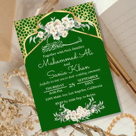 Invitación Boda musulmán islámico de oro floral mínimo verde