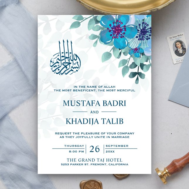 Invitación Boda musulmán islámico floral azul oceánico modern (Subido por el creador)