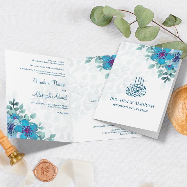 Invitación Boda musulmán islámico floral azul oceánico modern (Subido por el creador)