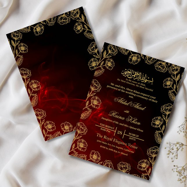 Invitación boda Musulmán Islámico Floral De Oro Y Rojo Negro (Subido por el creador)