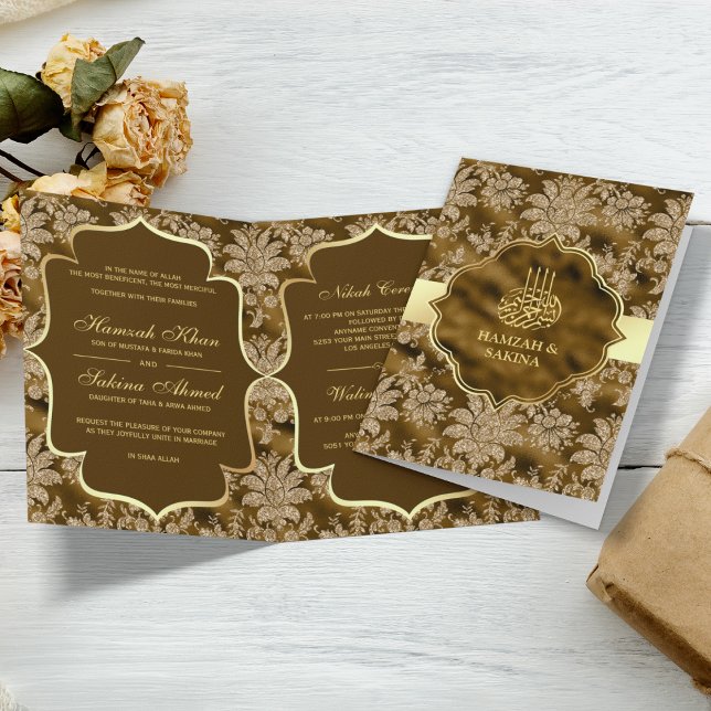 Invitación Boda musulmán islámico marrón floral de oro (Subido por el creador)