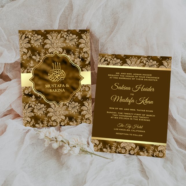 Invitación Boda musulmán islámico marrón floral de oro (Subido por el creador)