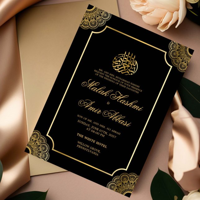 Invitación Boda musulmán islámico negro de oro de lujo (Subido por el creador)