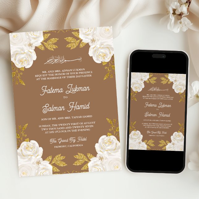 Invitación Boda musulmán marfileño floral oro beige (Subido por el creador)