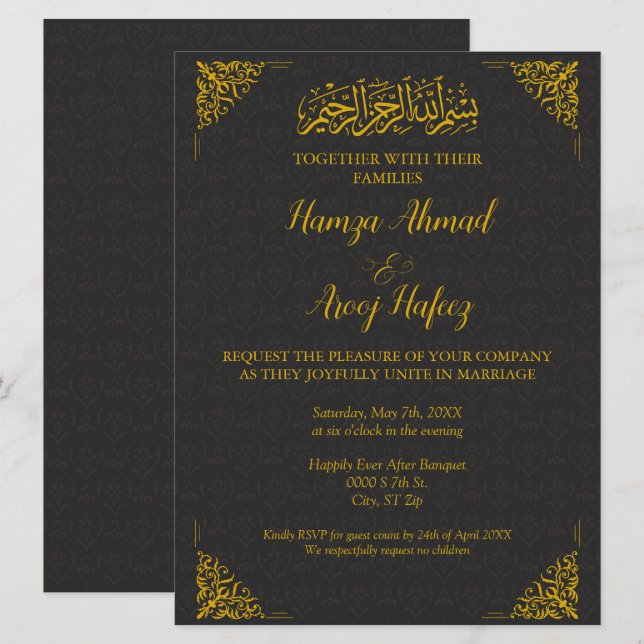 Invitación Boda musulmán moderno negro y oro (Anverso / Reverso)