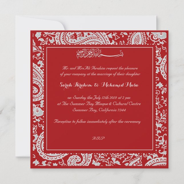 Invitación Boda musulmán rojo y blanco de Paisley (Anverso)