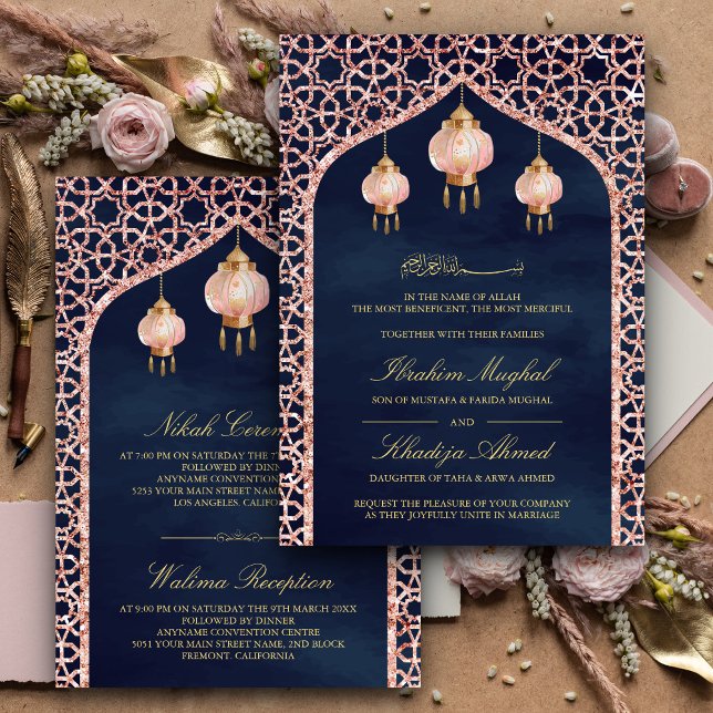 Invitación Boda musulmán Rosa azul de linternas rosadas (Subido por el creador)