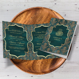 Invitación Boda musulmán ruso Verde azulado de Damasco de Oro