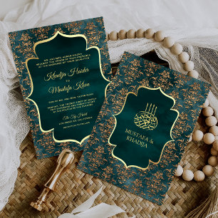 Invitación Boda musulmán ruso Verde azulado de Damasco de Oro
