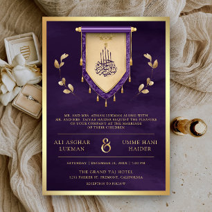 Invitación Boda Musulmana Antigua con Pergaminos de Oro Púrpu