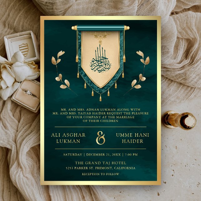 Invitación Boda Musulmana Antigua con Roleos de Oro Verde Tur (Subido por el creador)