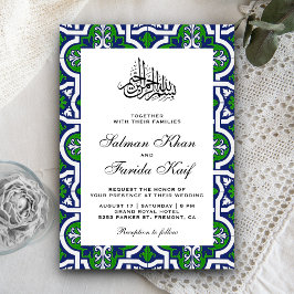 Invitación Boda Musulmana Arabesca Islámica Azul y Verde