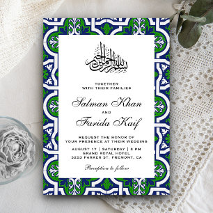 Invitación Boda Musulmana Arabesca Islámica Azul y Verde