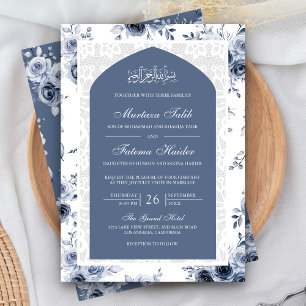 Invitación Boda Musulmana Arco de Encaje Blanco Floral Azul P