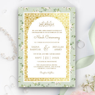 Invitación Boda Musulmana Arco Dorado Floral Verde Salvia