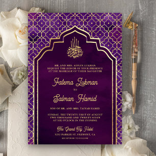 Invitación Boda musulmana arco morisco oro púrpura oscuro
