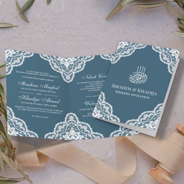 Invitación Boda musulmana azul de encaje blanco (Subido por el creador)