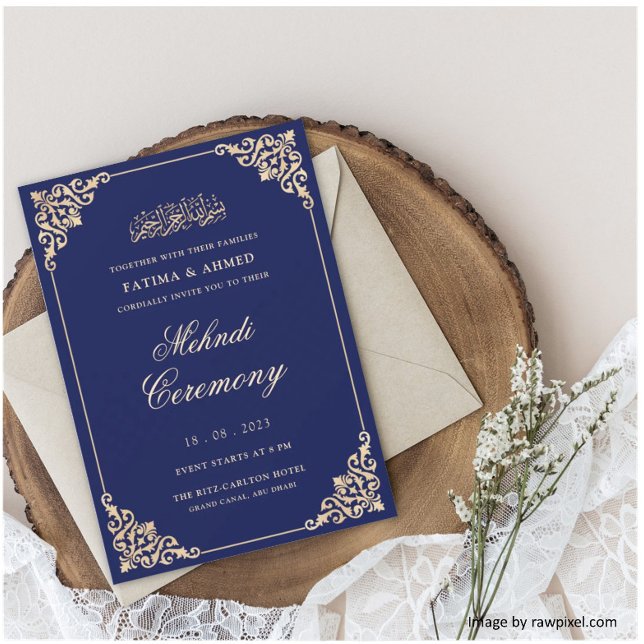 Invitación Boda Musulmana Azul de la Marina Mehndi (Subido por el creador)