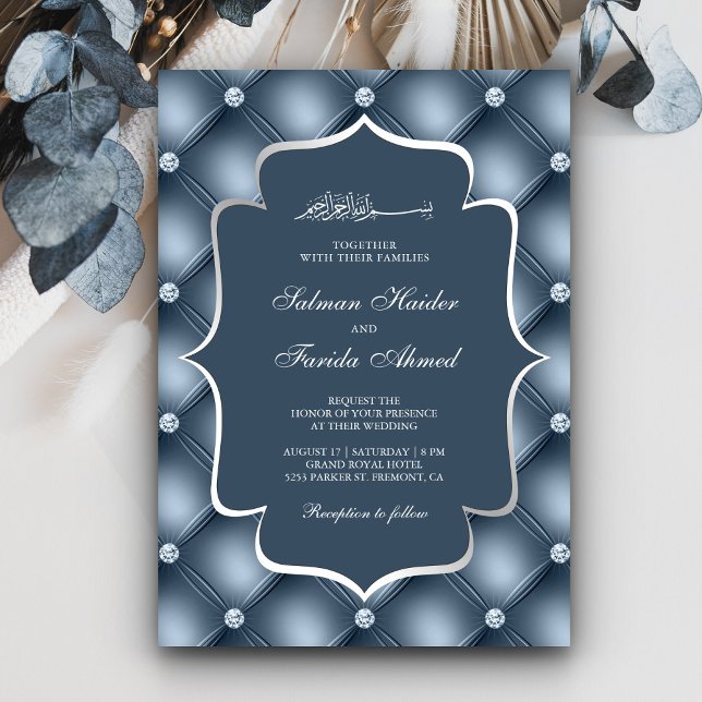 Invitación Boda musulmana azul turbulenta de diamantes (Subido por el creador)