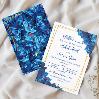 Invitación Boda musulmana azul y oro de la Marina floral mode