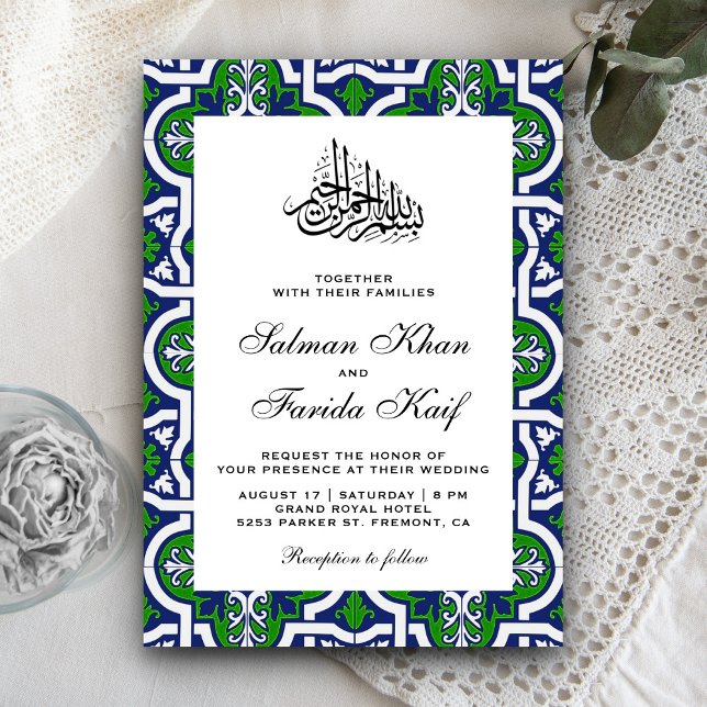 Invitación Boda musulmana azul y verde árabe islámico (Subido por el creador)