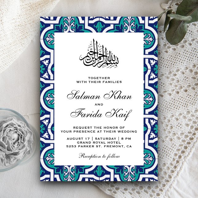 Invitación Boda musulmana azul y Verde azulada de la región á (Subido por el creador)