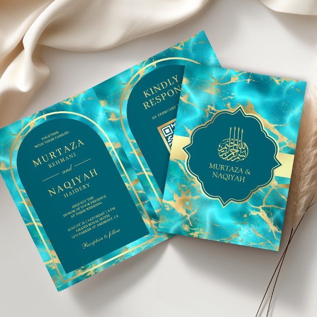 Invitación Boda Musulmana Código QR Agua Azul Dorada (Subido por el creador)