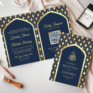 Invitación Boda Musulmana Código QR Arco de Diamantes Dorados