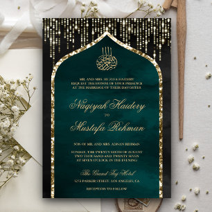 Invitación Boda Musulmana con Arco de Brillo Dorado Negro y V