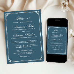 Invitación Boda Musulmana con Borde de Crema Azul Polvoriento