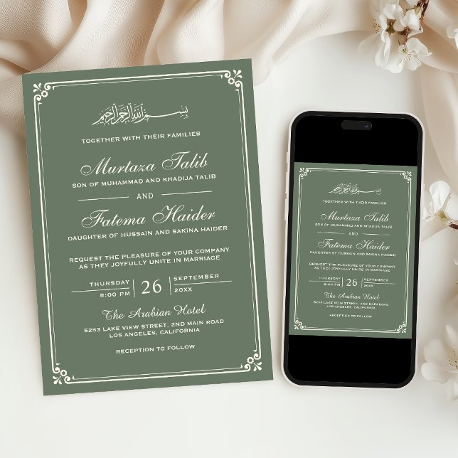 Invitación Boda Musulmana con Borde de Crema Verde Salvia (Subido por el creador)