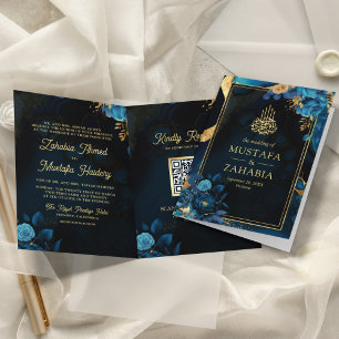 Invitación Boda Musulmana con Código QR Floral Dorado Azul Re