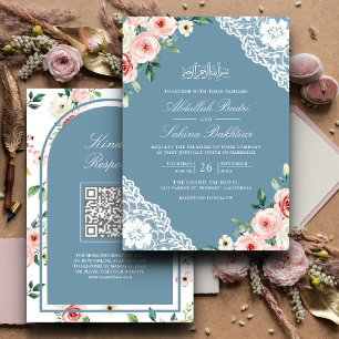 Invitación Boda Musulmana con Encaje Azul Suave y Código QR F